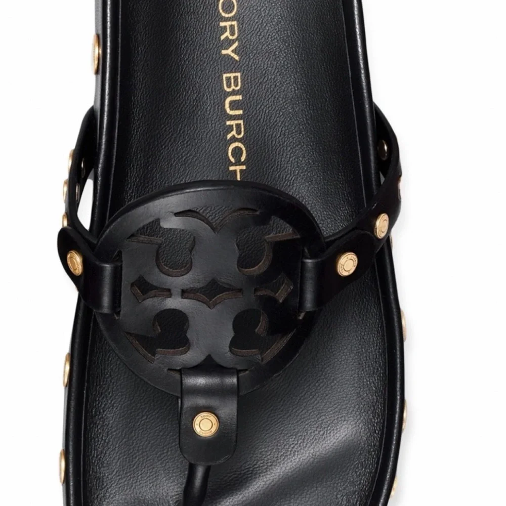 🔥🔥NWT Authentic Tory Burch Miller Cloud  Gold Coin Thong Sandals Black  11 M